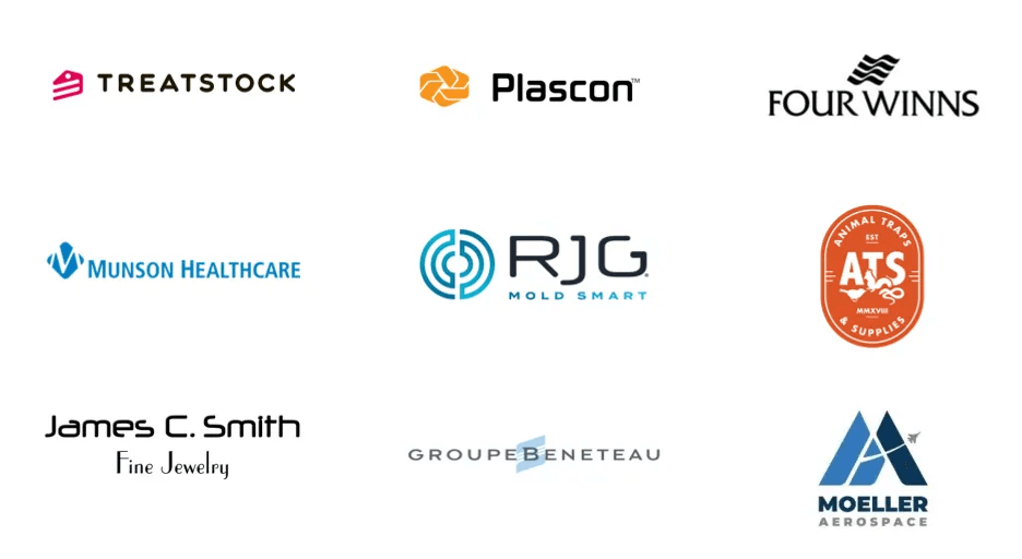 Client logos including Treatstock, Plascon, Four Winns, Munson Healthcare, and Moeller Aerospace